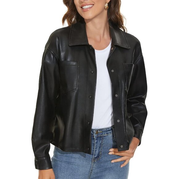 No Brand Jackets & Blazers - ✨ Women Black Faux Leather Shacket Loose Fit Long Sleeves Button Casual Jacket